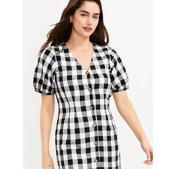 NWT Loft black and white gingham button down linen blend dress Size 10 - Picture 5 of 14